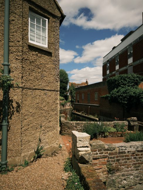 A narrow garden pathway adjacent to a brick building with a blue door, partially covered by lush green ivy climbing up the wall. The pathway, paved with asphalt, is bordered by raised flower beds fill